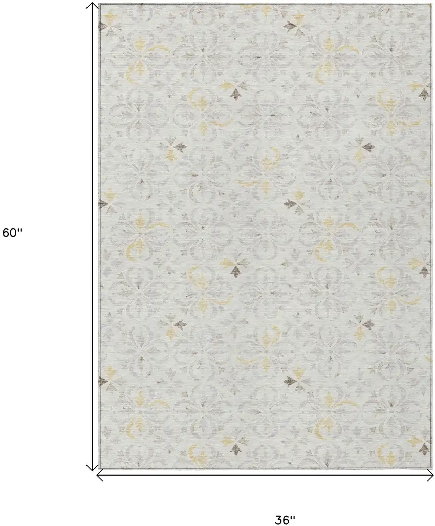 Ivory Gray And Gold Floral Washable Indoor Outdoor Area Rug Photo 3