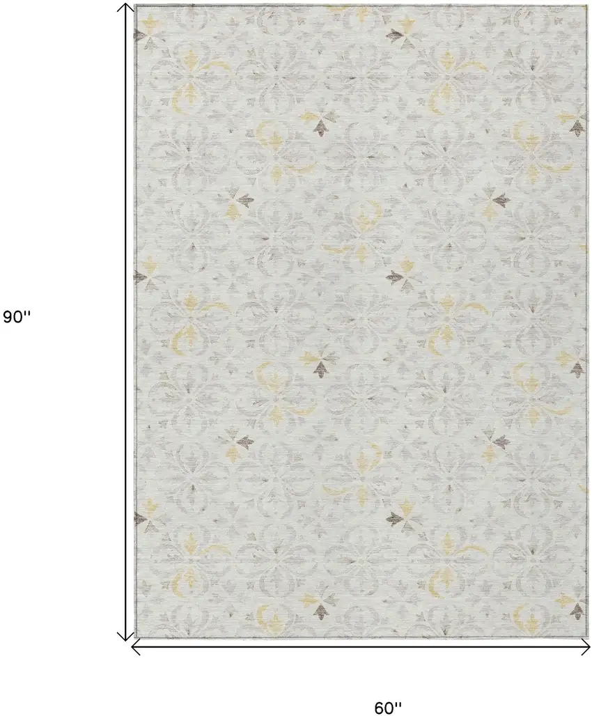 Ivory Gray And Gold Floral Washable Indoor Outdoor Area Rug Photo 3