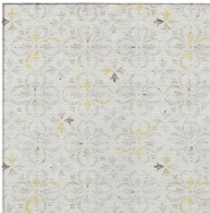 Ivory Gray And Gold Floral Washable Indoor Outdoor Area Rug Photo 6