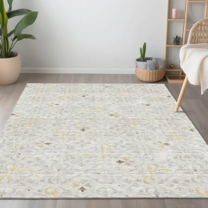 Ivory Gray And Gold Floral Washable Indoor Outdoor Area Rug Photo 9