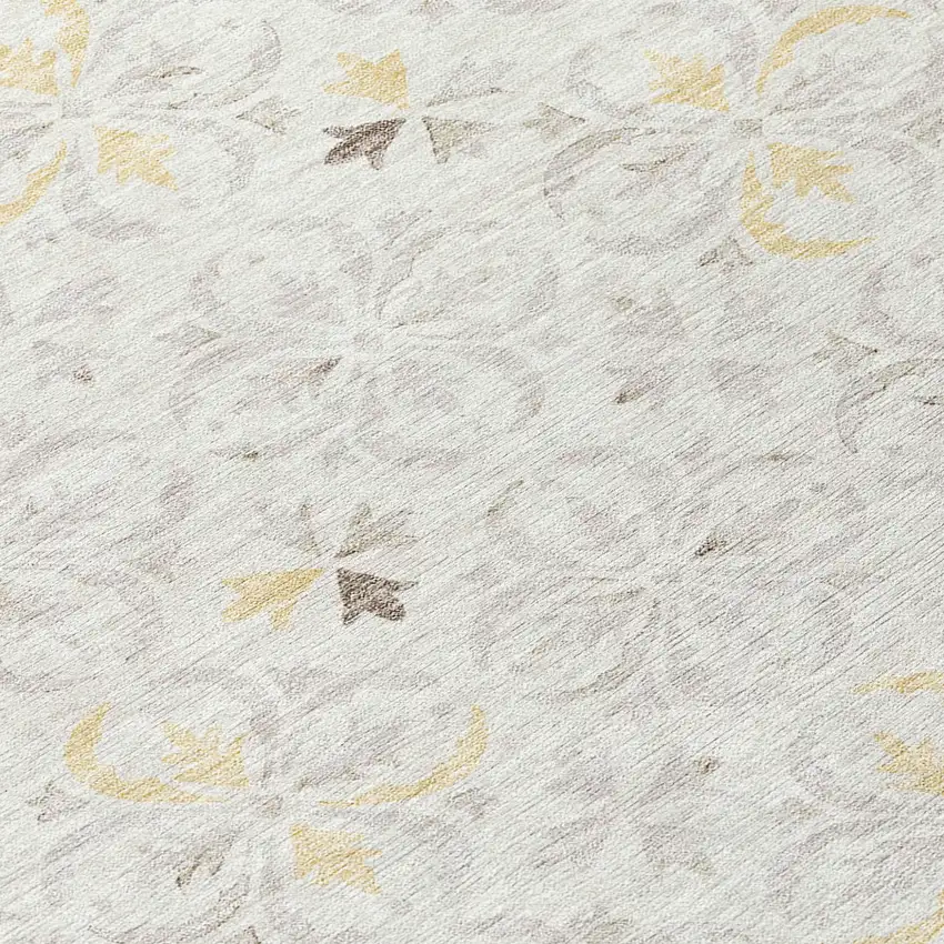 Ivory Gray And Gold Floral Washable Indoor Outdoor Area Rug Photo 5