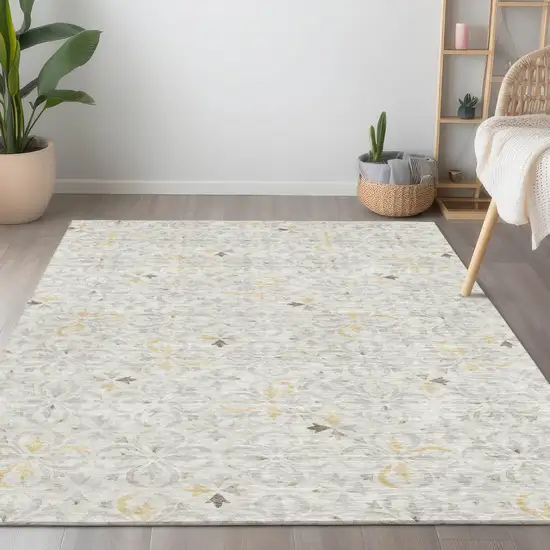 Ivory Gray And Gold Floral Washable Indoor Outdoor Area Rug Photo 9