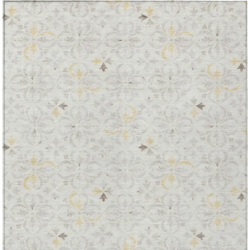Ivory Gray And Gold Floral Washable Indoor Outdoor Area Rug Photo 6