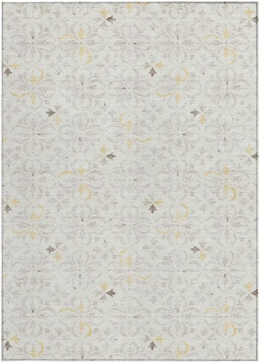 Ivory Gray And Gold Floral Washable Indoor Outdoor Area Rug Photo 7