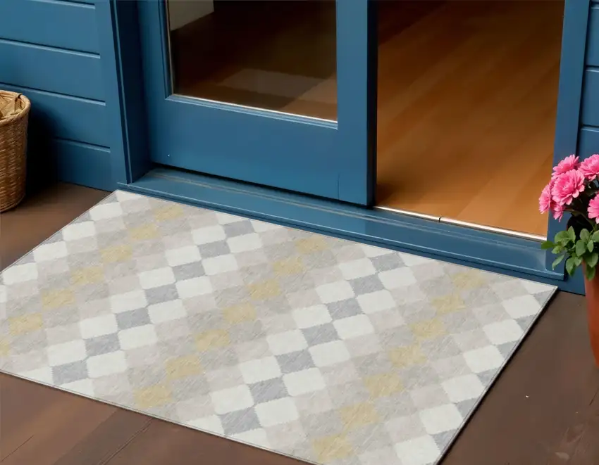 Ivory Gray And Gold Geometric Washable Indoor Outdoor Area Rug Photo 1