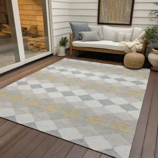 Ivory Gray And Gold Geometric Washable Indoor Outdoor Area Rug Photo 7