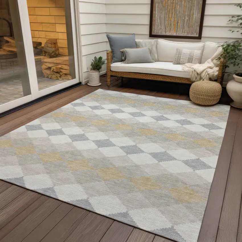 Ivory Gray And Gold Geometric Washable Indoor Outdoor Area Rug Photo 7