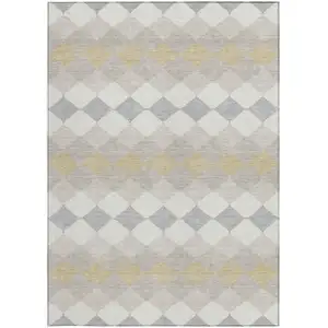 Photo of Ivory Gray And Gold Geometric Washable Indoor Outdoor Area Rug
