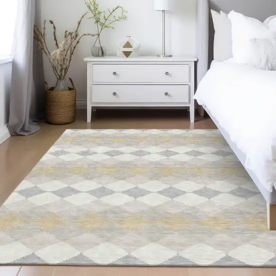 Ivory Gray And Gold Geometric Washable Indoor Outdoor Area Rug Photo 9