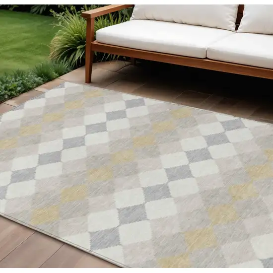 Ivory Gray And Gold Geometric Washable Indoor Outdoor Area Rug Photo 1
