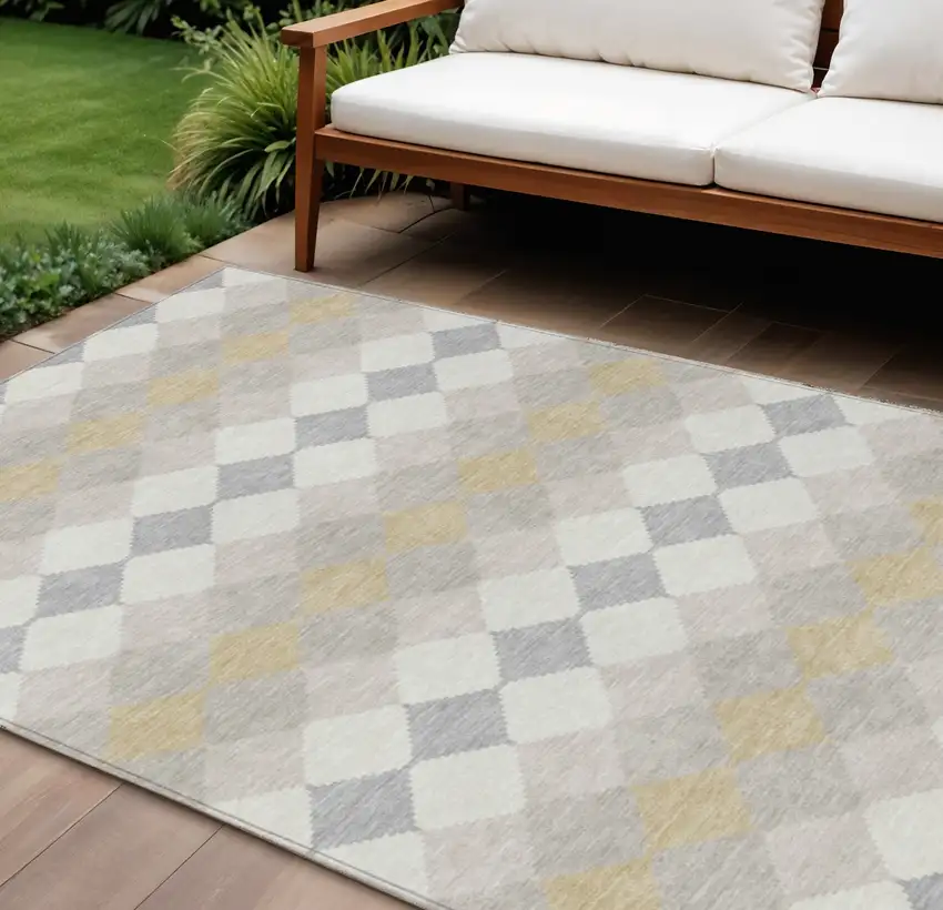 Ivory Gray And Gold Geometric Washable Indoor Outdoor Area Rug Photo 1