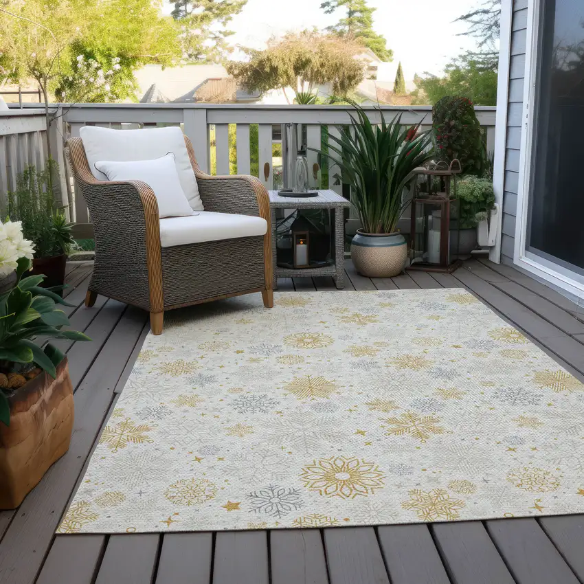 Ivory Gray And Gold Medallion Washable Indoor Outdoor Area Rug Photo 8