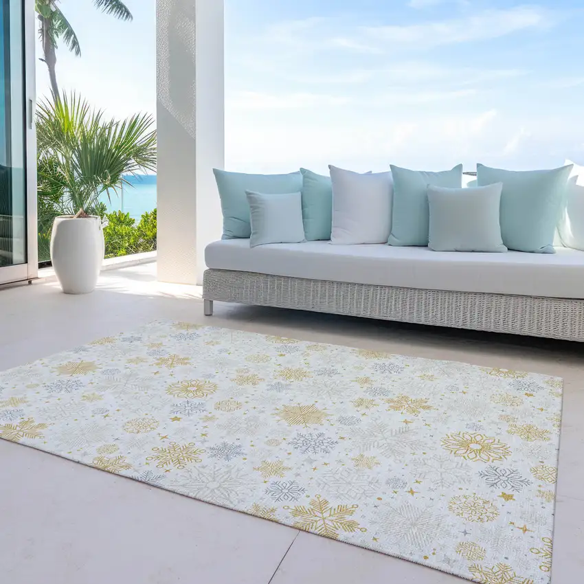 Ivory Gray And Gold Medallion Washable Indoor Outdoor Area Rug Photo 5