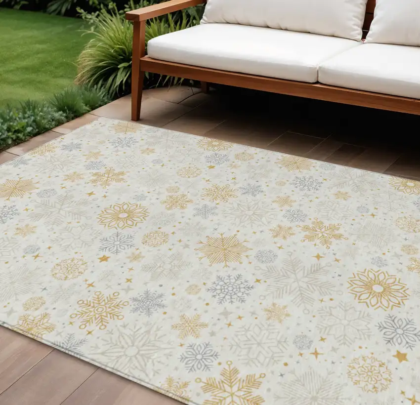 Ivory Gray And Gold Medallion Washable Indoor Outdoor Area Rug Photo 2