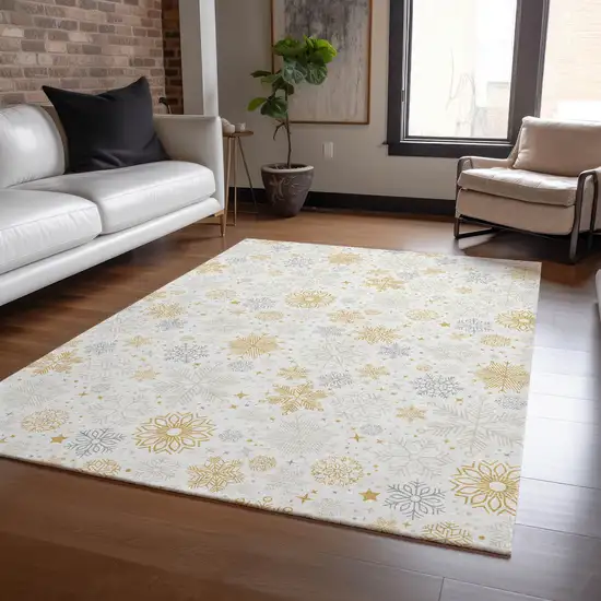Ivory Gray And Gold Medallion Washable Indoor Outdoor Area Rug Photo 6