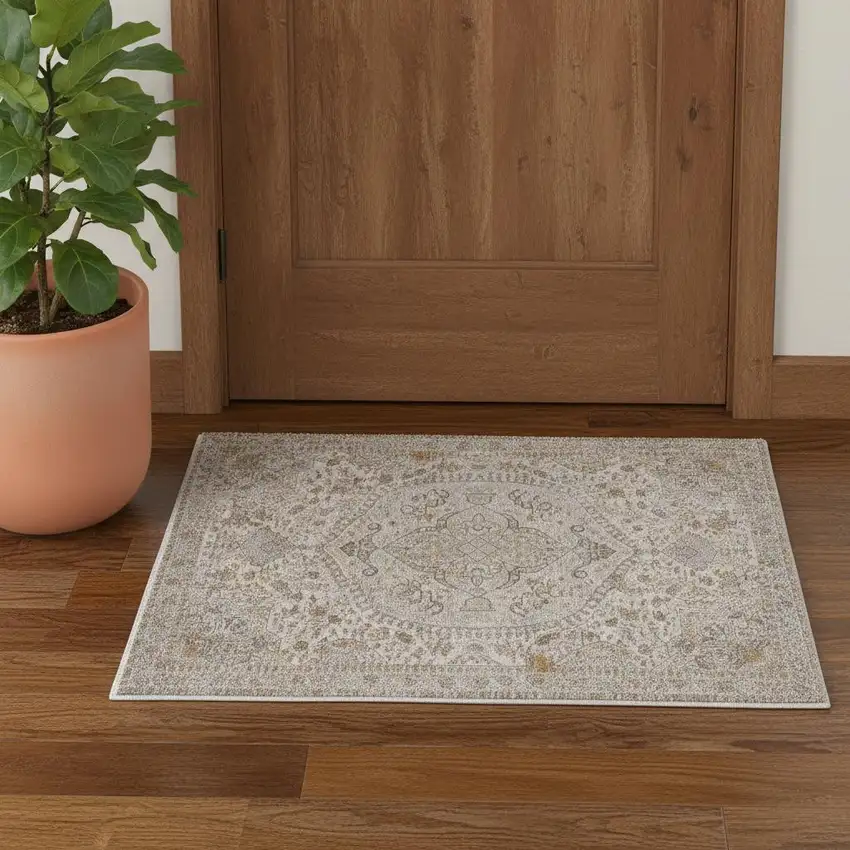 Ivory Gray And Gold Oriental Area Rug With Fringe Photo 1