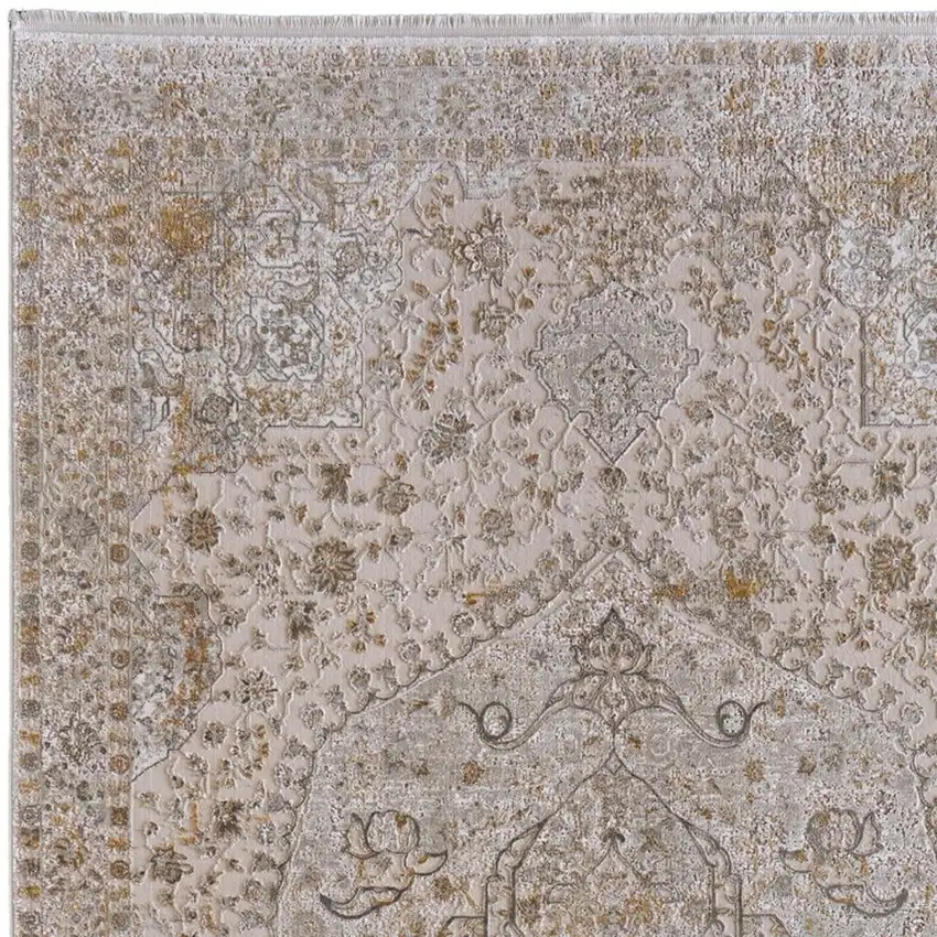 Ivory Gray And Gold Oriental Area Rug With Fringe Photo 3