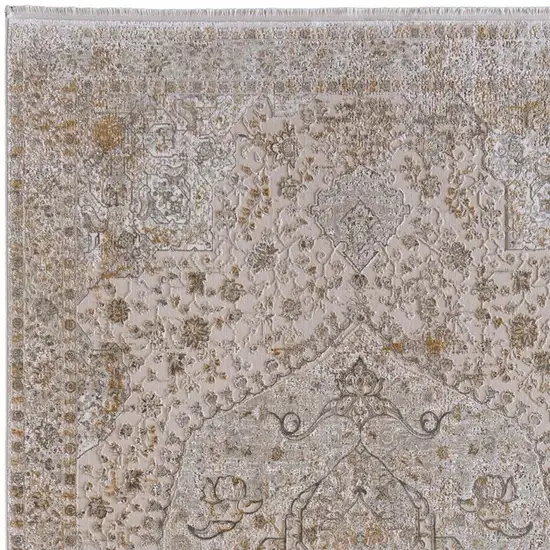 Ivory Gray And Gold Oriental Area Rug With Fringe Photo 3