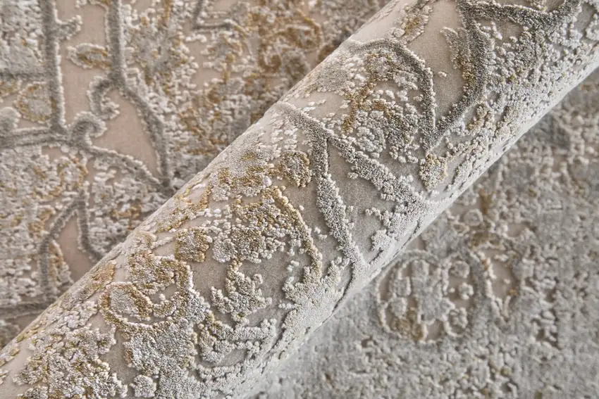 Ivory Gray And Gold Oriental Area Rug With Fringe Photo 8