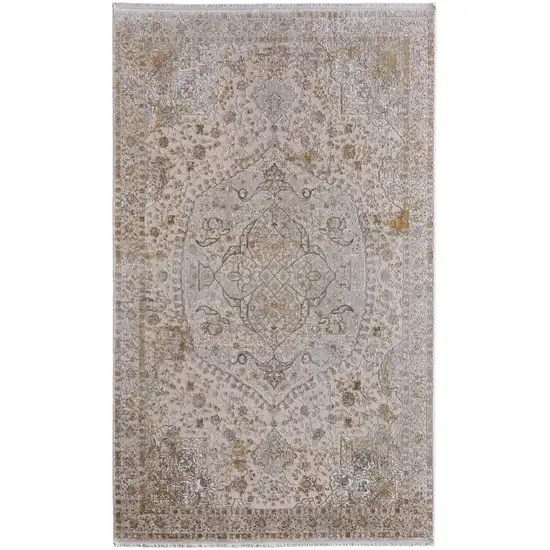 Ivory Gray And Gold Oriental Area Rug With Fringe Photo 2