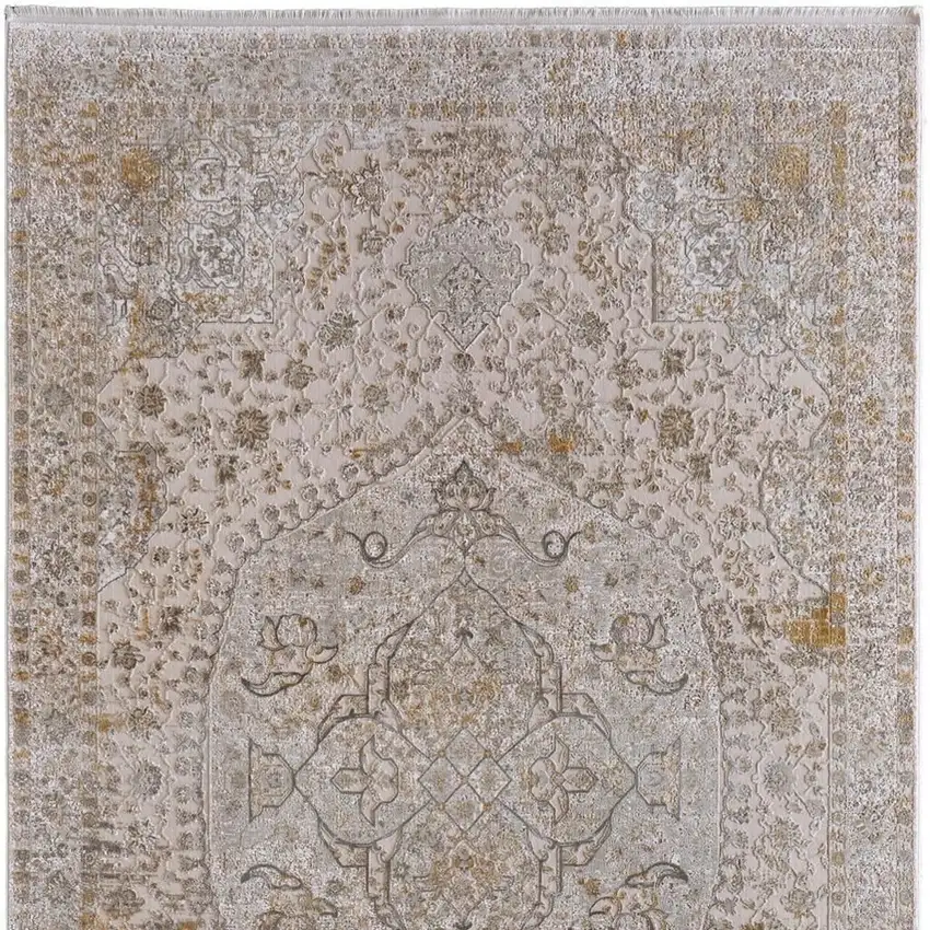 Ivory Gray And Gold Oriental Area Rug With Fringe Photo 4