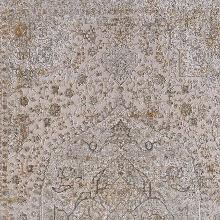 Ivory Gray And Gold Oriental Area Rug With Fringe Photo 3