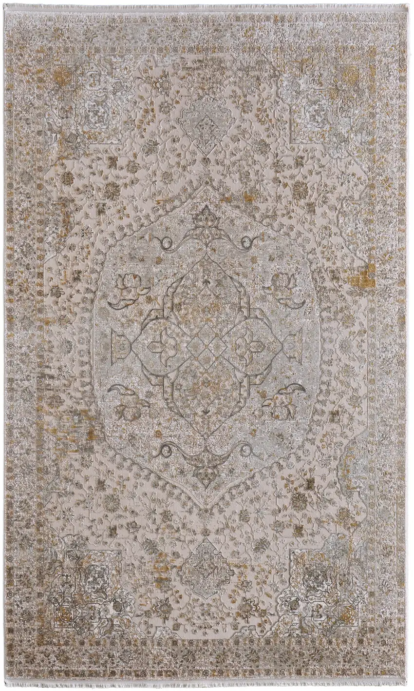 Ivory Gray And Gold Oriental Area Rug With Fringe Photo 2