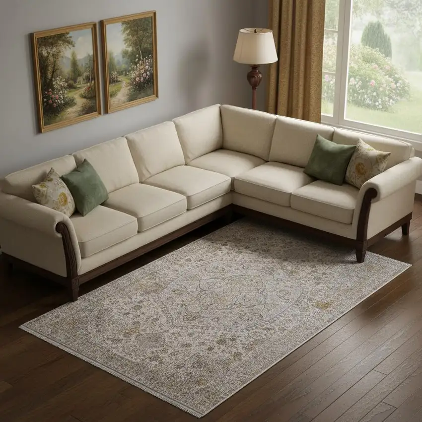 Ivory Gray And Gold Oriental Area Rug With Fringe Photo 1