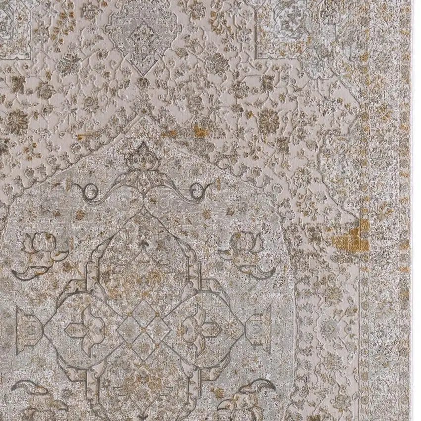 Ivory Gray And Gold Oriental Area Rug With Fringe Photo 3