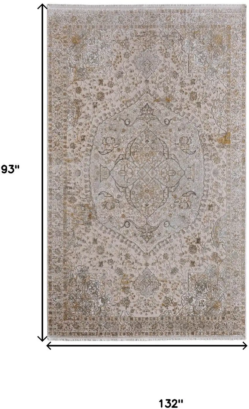 Ivory Gray And Gold Oriental Area Rug With Fringe Photo 3