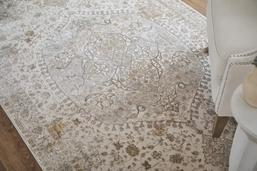 Ivory Gray And Gold Oriental Area Rug With Fringe Photo 7