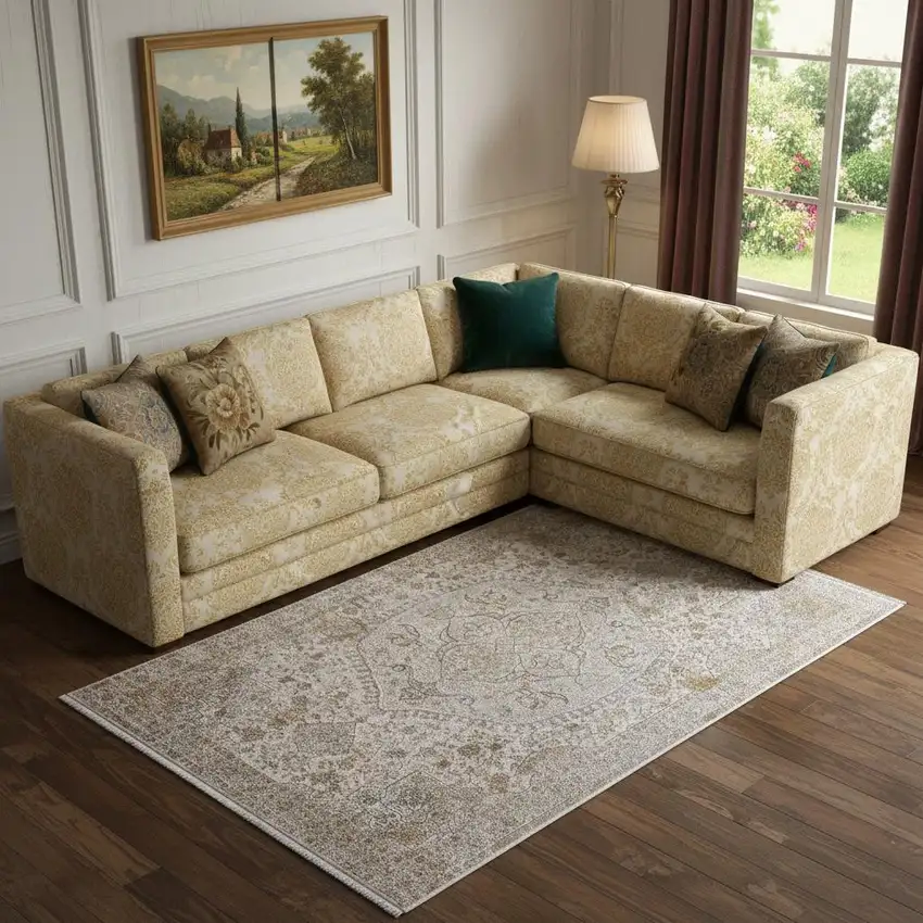 Ivory Gray And Gold Oriental Area Rug With Fringe Photo 1