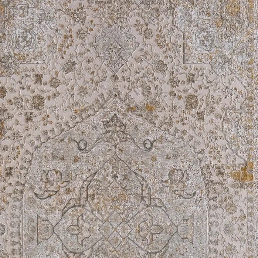 Ivory Gray And Gold Oriental Area Rug With Fringe Photo 4