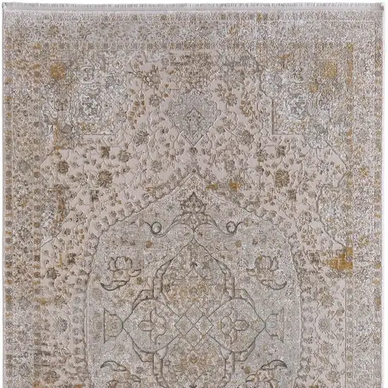 Ivory Gray And Gold Oriental Area Rug With Fringe Photo 5