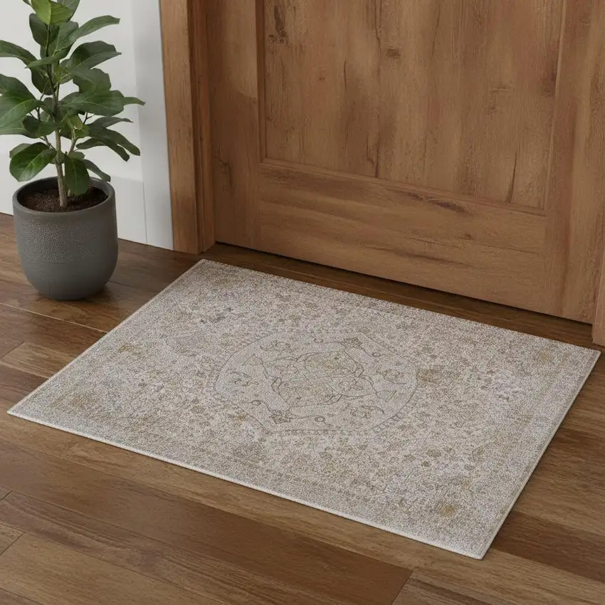 Ivory Gray And Gold Oriental Area Rug With Fringe Photo 1