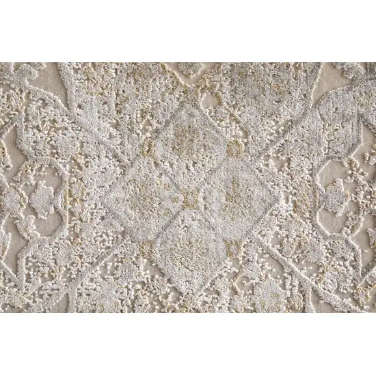 Ivory Gray And Gold Oriental Area Rug With Fringe Photo 9