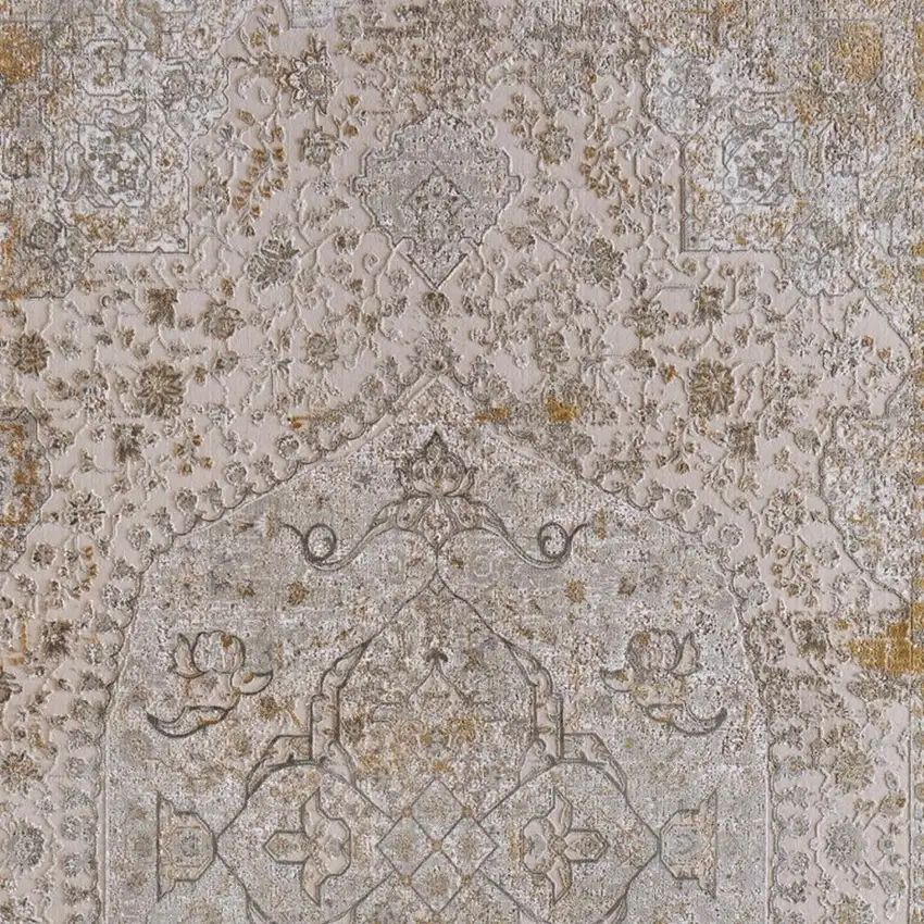 Ivory Gray And Gold Oriental Area Rug With Fringe Photo 3