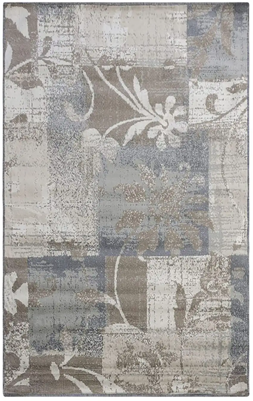 Ivory Gray And Olive Floral Power Loom Distressed Stain Resistant Area Rug Photo 1