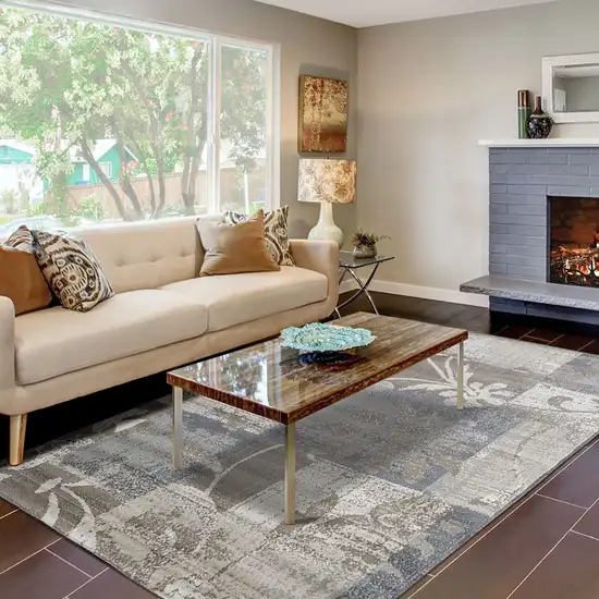 Gray And Ivory Floral Distressed Area Rug Photo 8