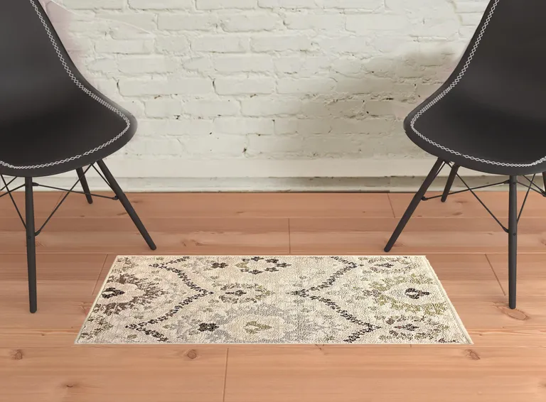 Ivory Gray And Olive Floral Stain Resistant Area Rug Photo 5