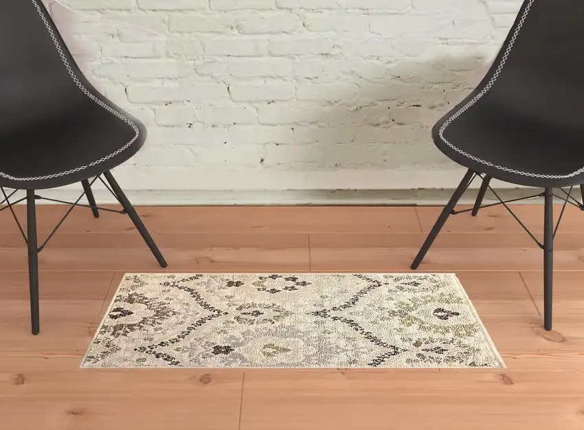 Ivory Gray And Olive Floral Stain Resistant Area Rug Photo 5