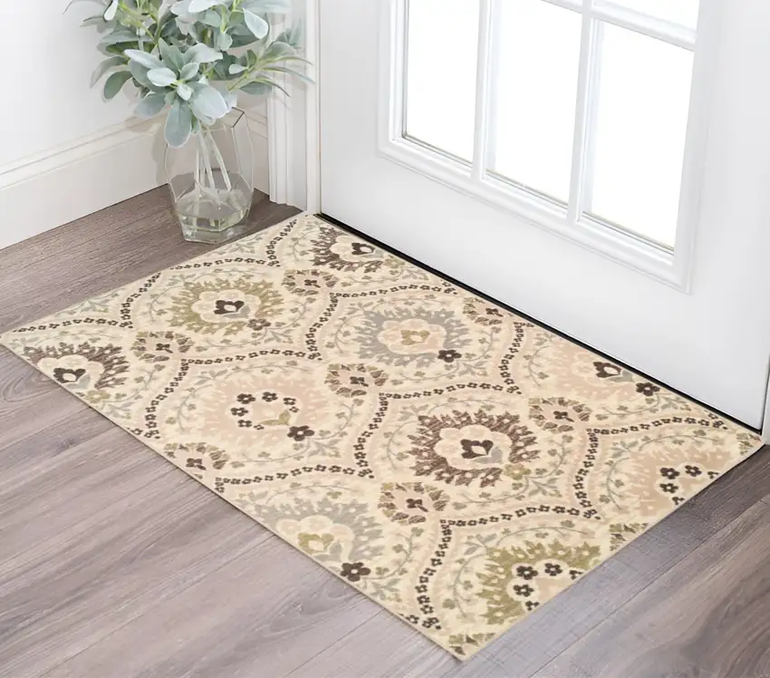 Ivory Gray And Olive Floral Stain Resistant Area Rug Photo 1