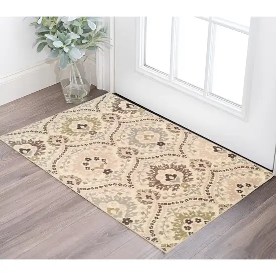 Ivory Gray And Olive Floral Stain Resistant Area Rug Photo 1