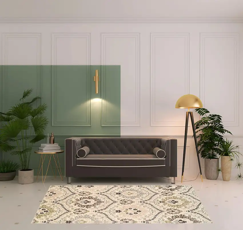 Ivory Gray And Olive Floral Stain Resistant Area Rug Photo 9