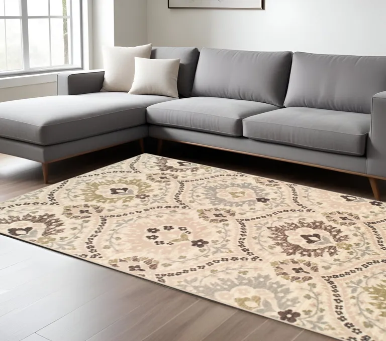 Ivory Gray And Olive Floral Stain Resistant Area Rug Photo 2