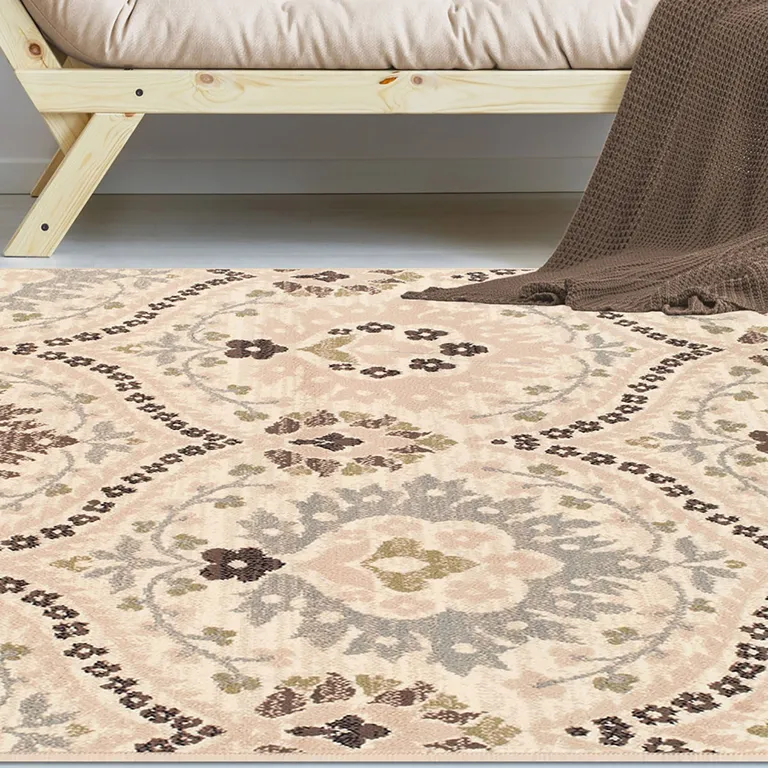 Ivory Gray And Olive Floral Stain Resistant Area Rug Photo 1