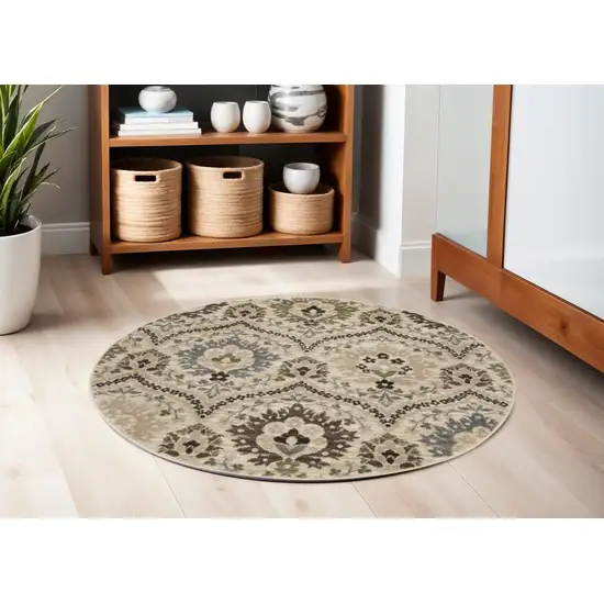 5' Brown Beige And Gray Floral Round Rug Photo 1