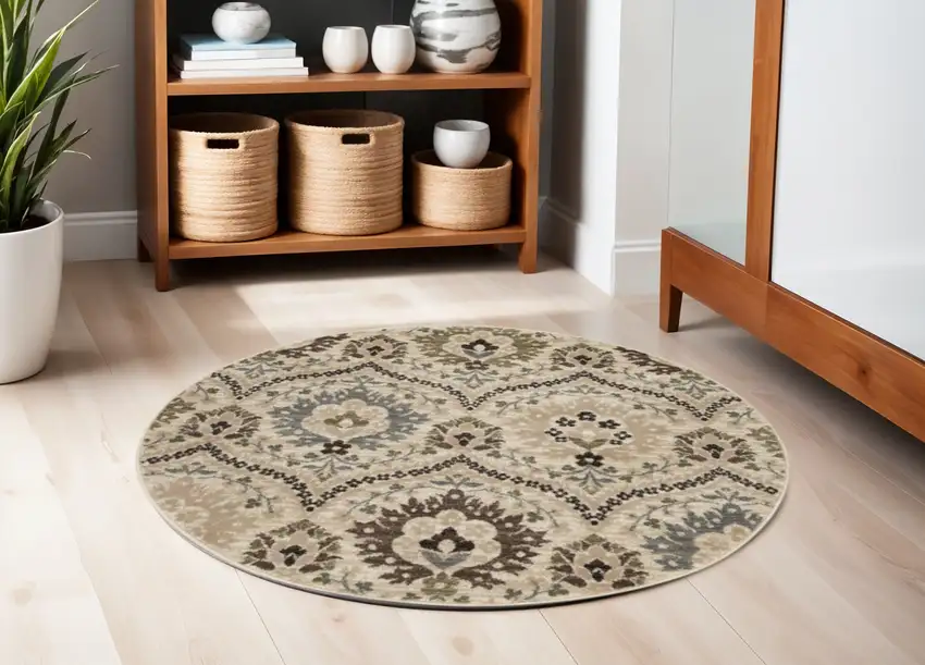 5' Brown Beige And Gray Floral Round Rug Photo 1