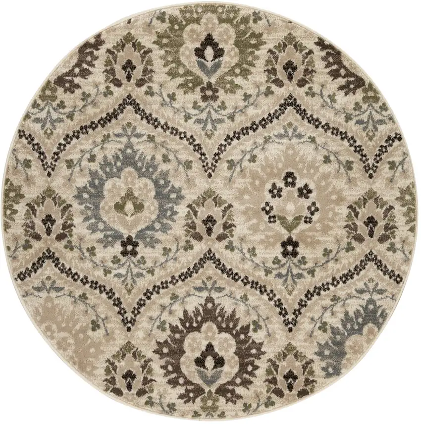 Ivory Gray And Olive Round Floral Stain Resistant Area Rug Photo 1