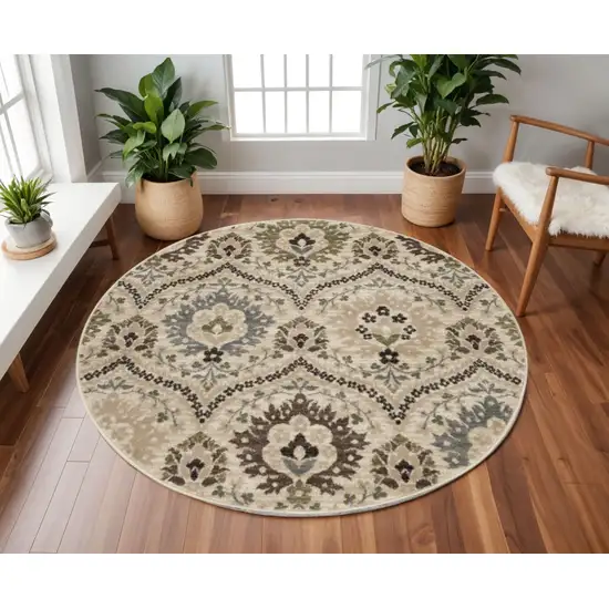 8' Brown Beige And Gray Floral Round Rug Photo 1
